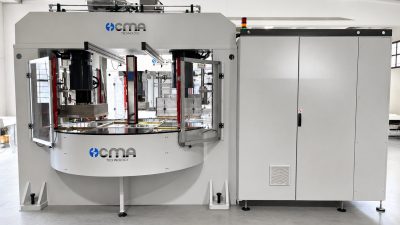 MÁQUINA DE SOLDADURA Y TROQUELADO POR ALTA FRECUENCIA CON PRENSA DE TROQUELADO Y MESA GIRATORIA